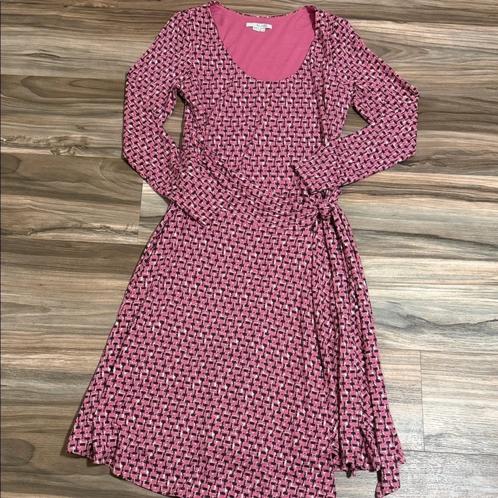 BODEN Silvia Jersey Dress L/S Faux Wrap Pink Geometric Print Sz 8 Midi A Line